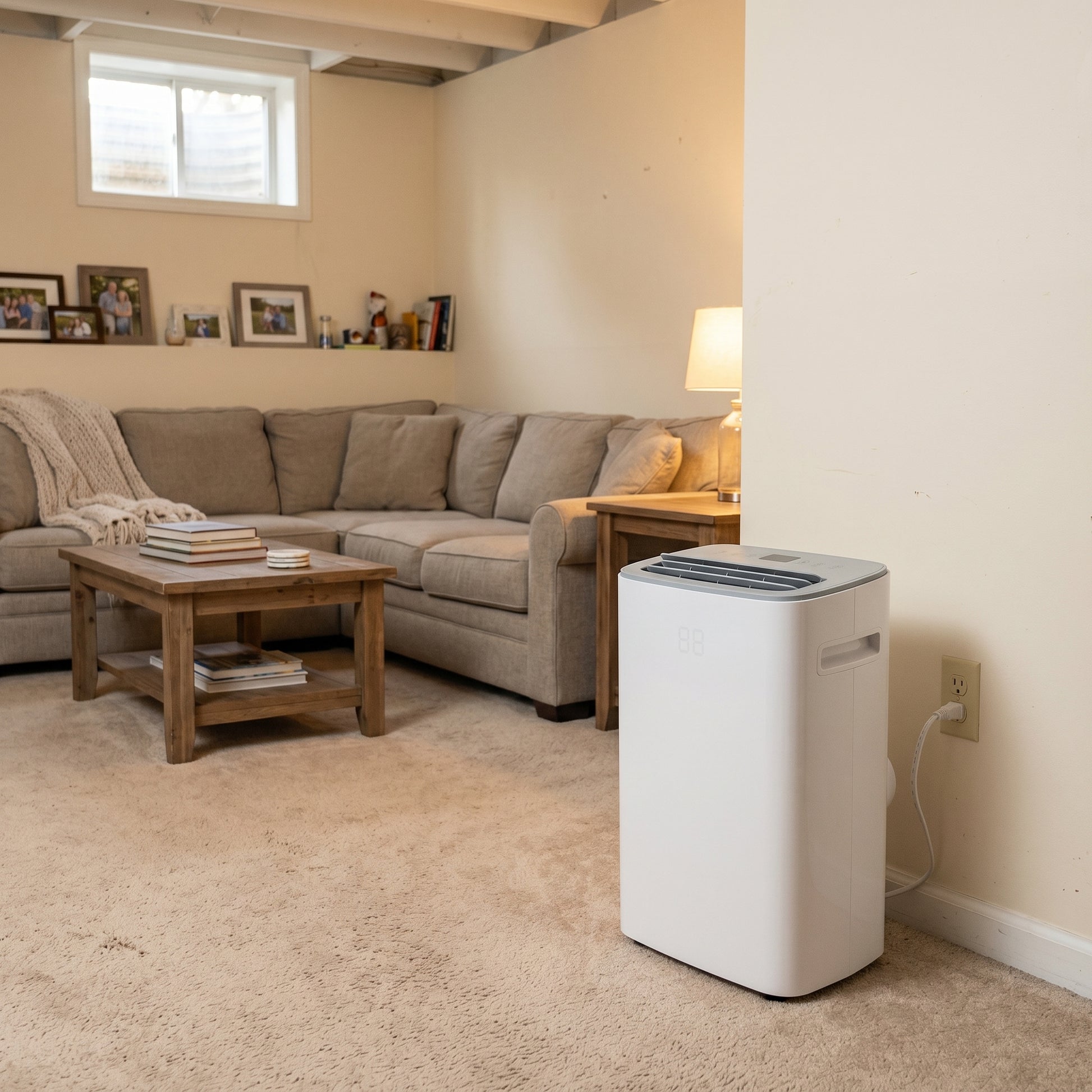 DryHaven dehumidifier running in a finished basement family room