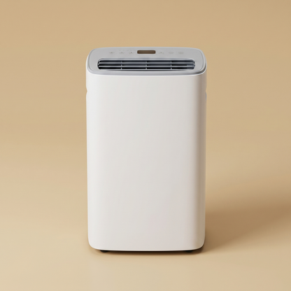 DryHaven dehumidifier, straight-on front view on sand-tone studio background