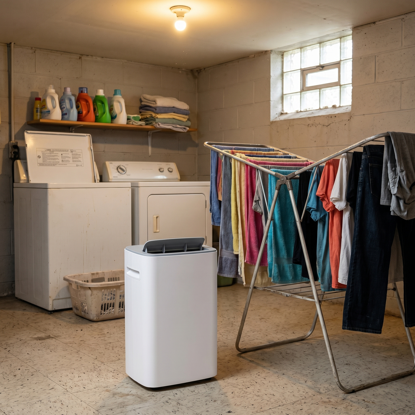 DryHaven dehumidifier in dry clothes mode beside a drying rack in a basement laundry room