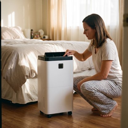 Homeowner using the MoistureMate 30-pint quiet dehumidifier in her bedroom