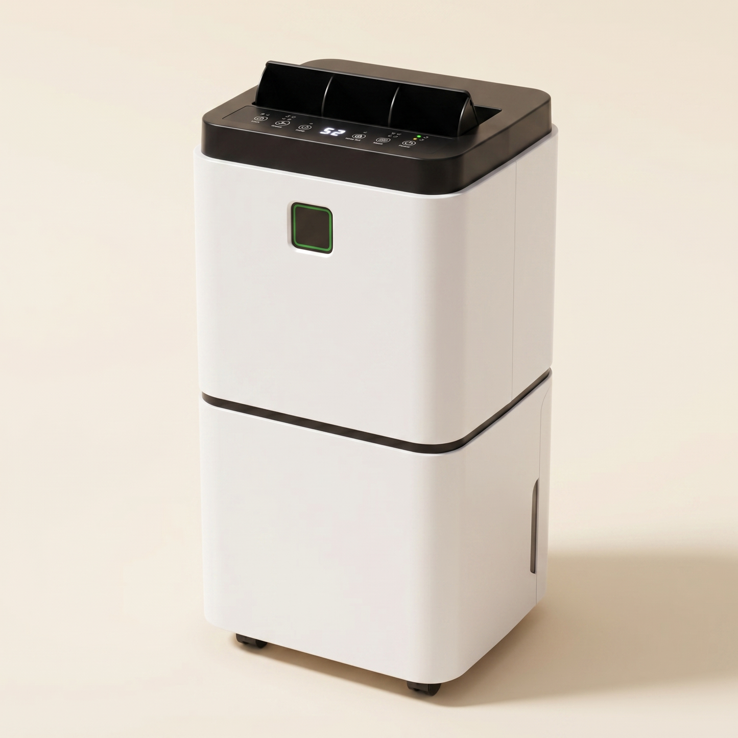 MoistureMate 30-pint quiet dehumidifier, three-quarter studio view on warm cream background