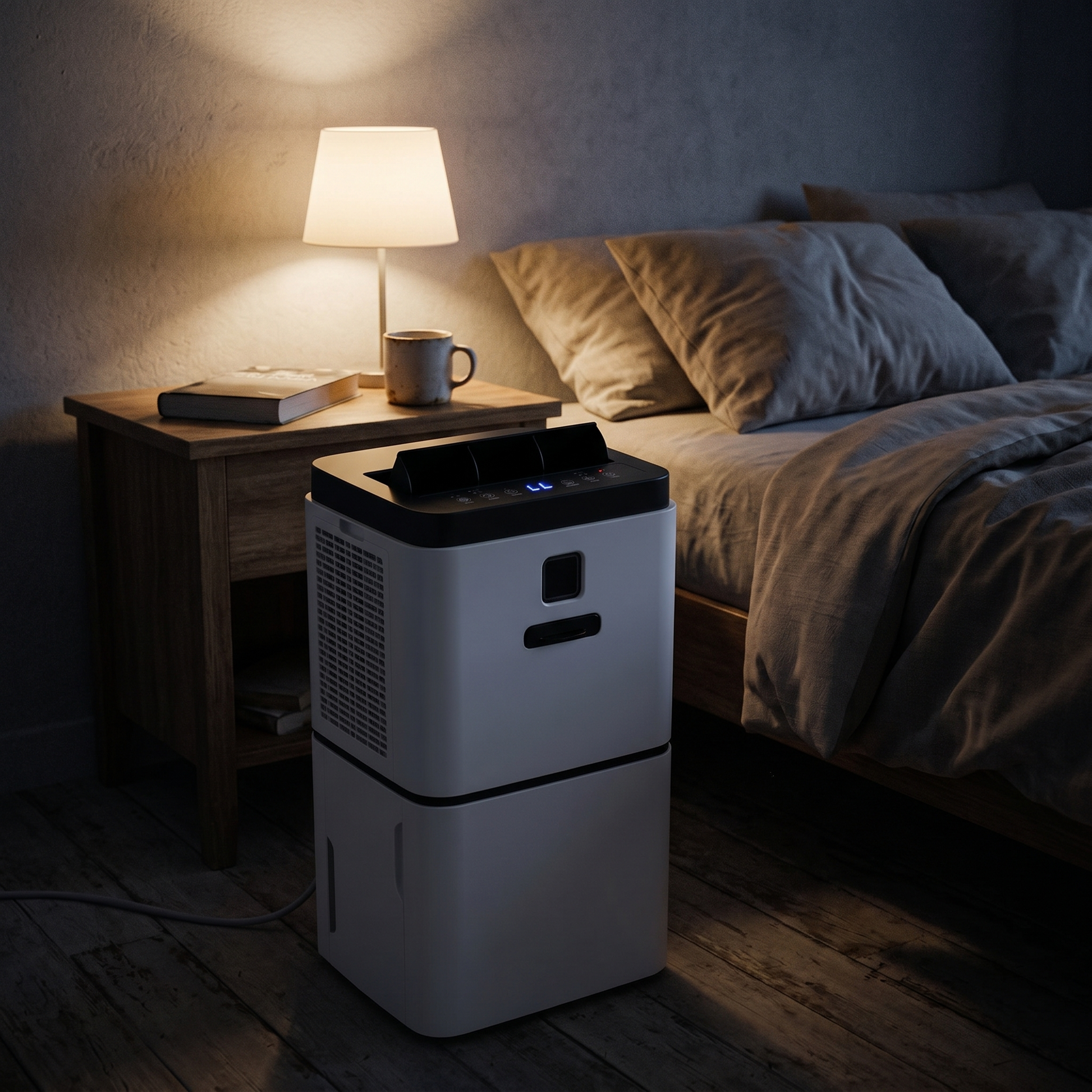 MoistureMate running silently in a peaceful bedroom at night at just 36dB