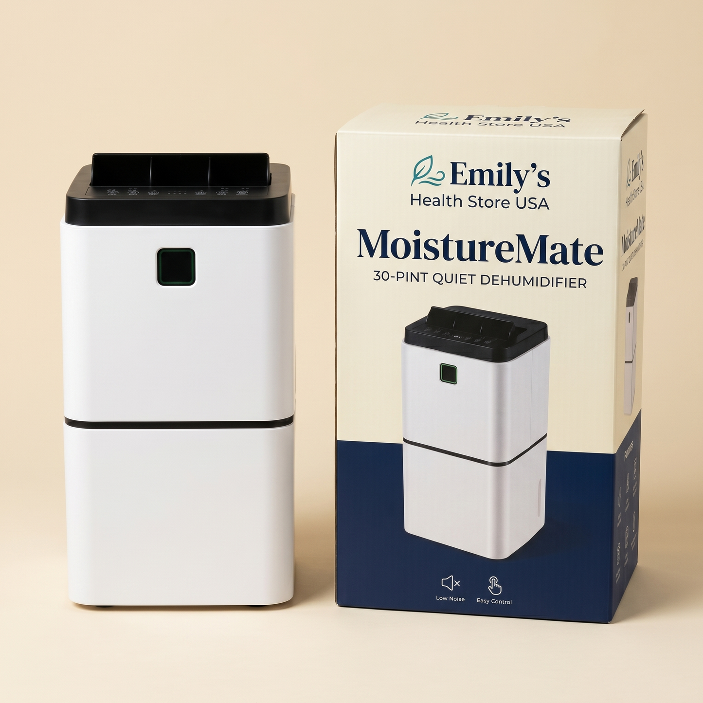 MoistureMate 30-pint quiet dehumidifier next to its Emily's Health Store USA retail box